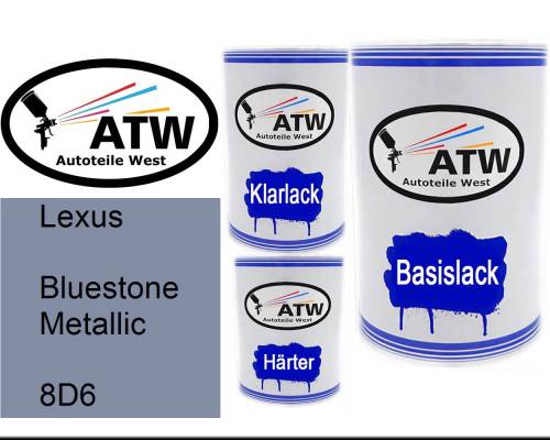 Lexus, Bluestone Metallic, 8D6: 500ml Lackdose + 500ml Klarlack + 250ml Härter - Set, von ATW Autoteile West.